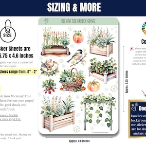 Bring your love of gardening to life with these gardening stickers in soft greens and neutrals! Featuring vegetable gardens, tools, flowers, sprouts, seed trays, trellises, wind chimes, a gnome, and more, plus an embellishment page. Perfect for planners, journals, and scrapbooking. Printed on high-quality matte or glossy vinyl for vibrant, long-lasting colors. A must-have for any garden lover! 🌿✨