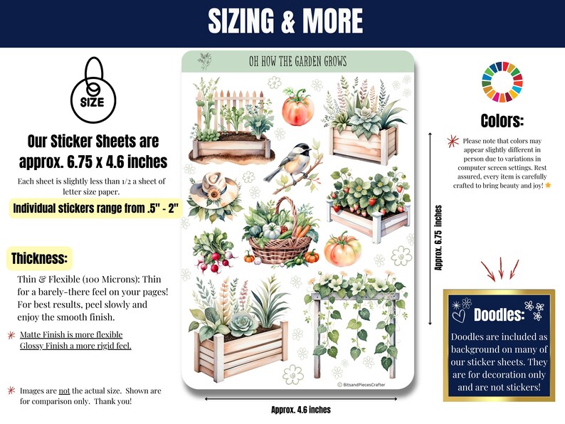 Bring your love of gardening to life with these gardening stickers in soft greens and neutrals! Featuring vegetable gardens, tools, flowers, sprouts, seed trays, trellises, wind chimes, a gnome, and more, plus an embellishment page. Perfect for planners, journals, and scrapbooking. Printed on high-quality matte or glossy vinyl for vibrant, long-lasting colors. A must-have for any garden lover! 🌿✨