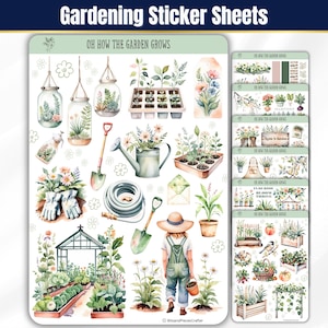 Bring your love of gardening to life with these gardening stickers in soft greens and neutrals! Featuring vegetable gardens, tools, flowers, sprouts, seed trays, trellises, wind chimes, a gnome, and more, plus an embellishment page. Perfect for planners, journals, and scrapbooking. Printed on high-quality matte or glossy vinyl for vibrant, long-lasting colors. A must-have for any garden lover! 🌿✨