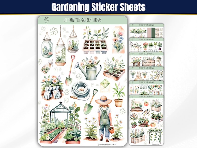 Bring your love of gardening to life with these gardening stickers in soft greens and neutrals! Featuring vegetable gardens, tools, flowers, sprouts, seed trays, trellises, wind chimes, a gnome, and more, plus an embellishment page. Perfect for planners, journals, and scrapbooking. Printed on high-quality matte or glossy vinyl for vibrant, long-lasting colors. A must-have for any garden lover! 🌿✨