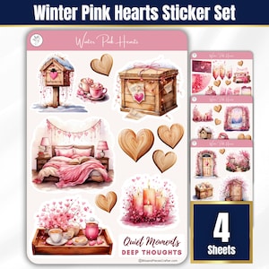 Cozy Winter Sticker Set Pink & Cream Aesthetic, Planner Journal and scrapbook Stickers, BUJO Pink Aesthetic Planner Stickers, Valentine Love