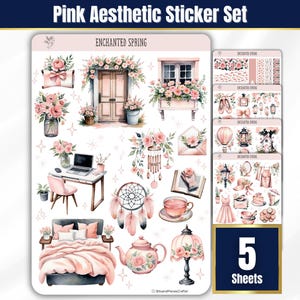 Pink Aesthetic Sticker Sheets, Pink Planner Stickers, BUJO Pink Watercolor Aesthetic Stickers for Scrapbook, Fairy Garden Enchanted Spring