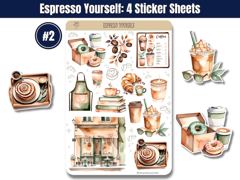 Indulge in the ultimate coffee experience with this beautifully designed Coffee Lover’s Sticker Pack! Whether you're a coffee enthusiast, planner addict, or journaling lover, this 4-sheet sticker set brings the warm and cozy vibes of your favorite café right to your creative space. Featuring coffee cups, café scenes, baked goods, and cozy coffee moments, these high-quality stickers are perfect for decorating planners, scrapbooks, bullet journals, and more!
