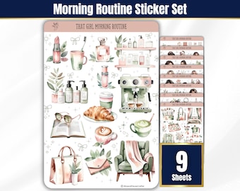 That Girl Morning Routine Sticker Sheets, Journal and Planner Stickers, BUJO Trendy Cool Girl Stickers, Monthly Planner Messy coquette decor