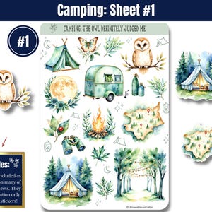 Cozy up to the wild with these whimsical sticker sheets in calming greens and blues. Featuring tents, forest animals, campfires, lanterns, backpacks, and more, these charming stickers bring all the magic of the outdoors to your planner or journal. Includes a page of printed washi-style strips for fun borders and accents—perfect for Hobonichi, Happy Planner & more.