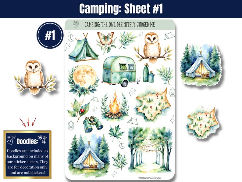 Cozy up to the wild with these whimsical sticker sheets in calming greens and blues. Featuring tents, forest animals, campfires, lanterns, backpacks, and more, these charming stickers bring all the magic of the outdoors to your planner or journal. Includes a page of printed washi-style strips for fun borders and accents—perfect for Hobonichi, Happy Planner & more.