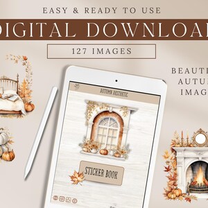 Autumn Aesthetic Digital Sticker Book with 127 professionally edited watercolor-style digital stickers. Includes a pre-cropped GoodNotes file and transparent PNGs for Notability, Penly, Samsung Notes, Xodo, and more. Instant digital download only—no physical product will be shipped.