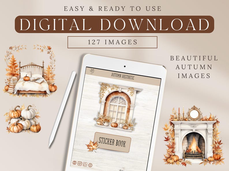Autumn Aesthetic Digital Sticker Book with 127 professionally edited watercolor-style digital stickers. Includes a pre-cropped GoodNotes file and transparent PNGs for Notability, Penly, Samsung Notes, Xodo, and more. Instant digital download only—no physical product will be shipped.