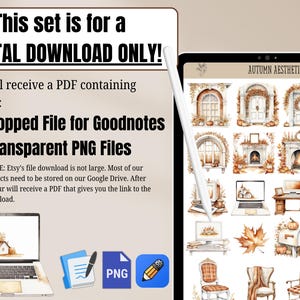 Autumn Aesthetic Digital Sticker Book with 127 professionally edited watercolor-style digital stickers. Includes a pre-cropped GoodNotes file and transparent PNGs for Notability, Penly, Samsung Notes, Xodo, and more. Instant digital download only—no physical product will be shipped.