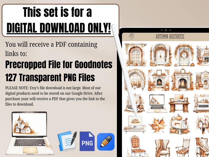 Autumn Aesthetic Digital Sticker Book with 127 professionally edited watercolor-style digital stickers. Includes a pre-cropped GoodNotes file and transparent PNGs for Notability, Penly, Samsung Notes, Xodo, and more. Instant digital download only—no physical product will be shipped.