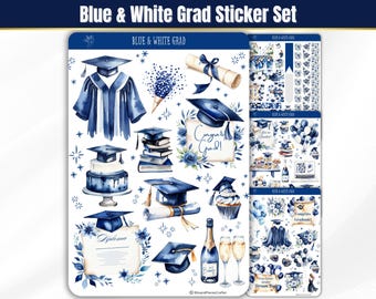 May include: A sticker sheet set titled Blue & White Grad featuring watercolour illustrations of graduation caps, gowns, diplomas, a cake, a cupcake, champagne, and confetti. The designs include text such as Congrats Grad! and Diploma.