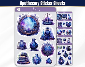 May include: A collection of apothecary sticker sheets featuring various purple and blue illustrations including a large circular frame, scales, a person in a hat, potion bottles, books, a skull, a crystal ball, and a cat, all labelled with the word Apothecary.