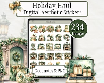 Holiday Haul Christmas Digital Sticker Book, 234 Digital Stickers for GoodNotes, Notability, PNG, Digital Sticker Download, Green Aesthetic