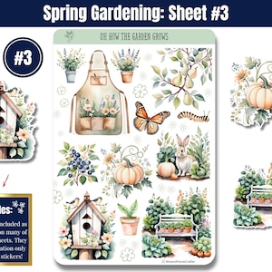 Bring your love of gardening to life with these gardening stickers in soft greens and neutrals! Featuring vegetable gardens, tools, flowers, sprouts, seed trays, trellises, wind chimes, a gnome, and more, plus an embellishment page. Perfect for planners, journals, and scrapbooking. Printed on high-quality matte or glossy vinyl for vibrant, long-lasting colors. A must-have for any garden lover! 🌿✨