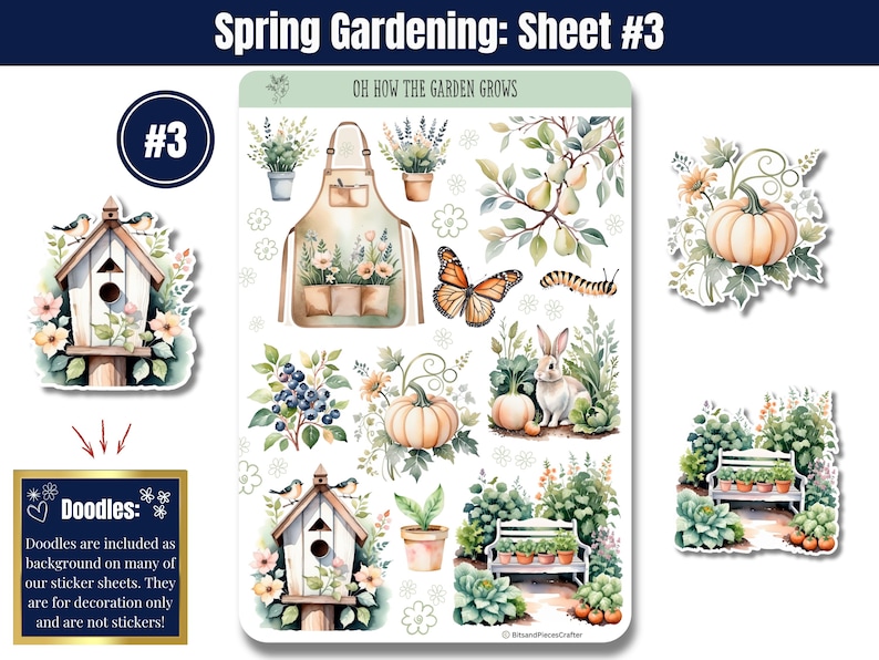 Bring your love of gardening to life with these gardening stickers in soft greens and neutrals! Featuring vegetable gardens, tools, flowers, sprouts, seed trays, trellises, wind chimes, a gnome, and more, plus an embellishment page. Perfect for planners, journals, and scrapbooking. Printed on high-quality matte or glossy vinyl for vibrant, long-lasting colors. A must-have for any garden lover! 🌿✨