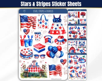 Patriotische Stickerbögen, USA-Planersticker, saisonale Journalsticker zum 4. Juli für Bullet Journal, Junk Journal, Scrapbook und Planer