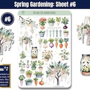 Bring your love of gardening to life with these gardening stickers in soft greens and neutrals! Featuring vegetable gardens, tools, flowers, sprouts, seed trays, trellises, wind chimes, a gnome, and more, plus an embellishment page. Perfect for planners, journals, and scrapbooking. Printed on high-quality matte or glossy vinyl for vibrant, long-lasting colors. A must-have for any garden lover! 🌿✨