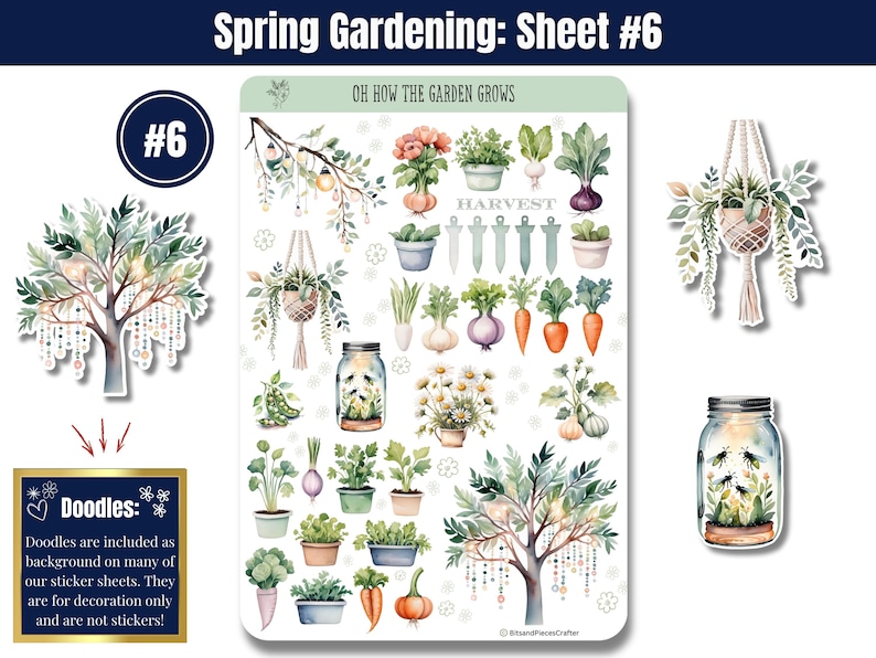Bring your love of gardening to life with these gardening stickers in soft greens and neutrals! Featuring vegetable gardens, tools, flowers, sprouts, seed trays, trellises, wind chimes, a gnome, and more, plus an embellishment page. Perfect for planners, journals, and scrapbooking. Printed on high-quality matte or glossy vinyl for vibrant, long-lasting colors. A must-have for any garden lover! 🌿✨