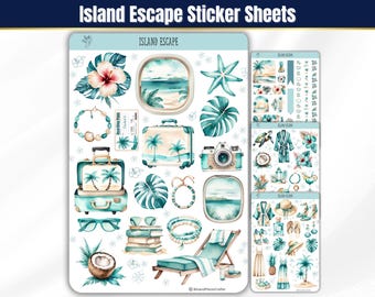 Tropical Island Sticker Sheets, Planner Aesthetic Stickers, BUJO, Island Luxe Aesthetic Stickers for Planner, Beach Travel Planner