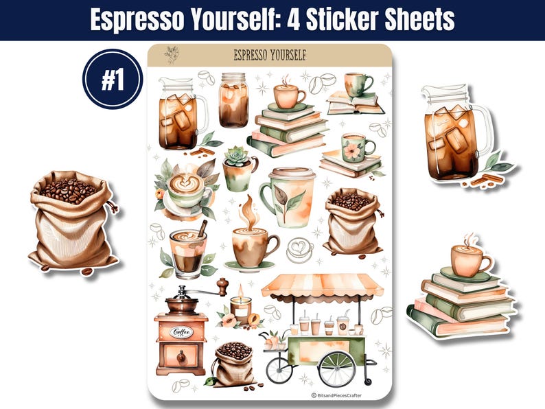 Indulge in the ultimate coffee experience with this beautifully designed Coffee Lover’s Sticker Pack! Whether you're a coffee enthusiast, planner addict, or journaling lover, this 4-sheet sticker set brings the warm and cozy vibes of your favorite café right to your creative space. Featuring coffee cups, café scenes, baked goods, and cozy coffee moments, these high-quality stickers are perfect for decorating planners, scrapbooks, bullet journals, and more!
