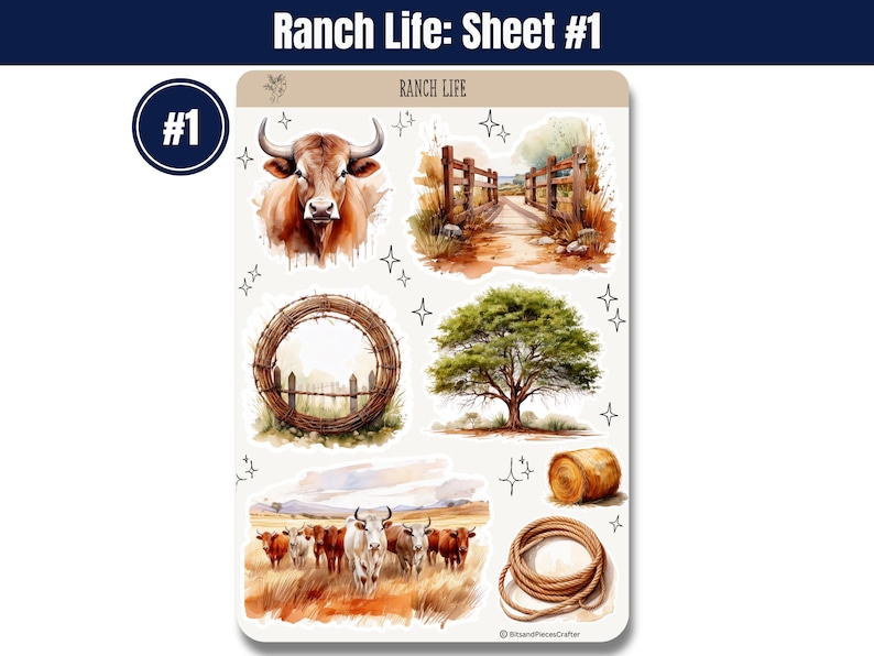 🐂🏇 Capture the essence of ranch life with these sticker sheets! Featuring cattle, horses, barns, hay bales, chickens, and more in warm browns & creams. Perfect for planners, journals, & scrapbooking! 🌾🐔✨ #WesternStickers #RanchLife