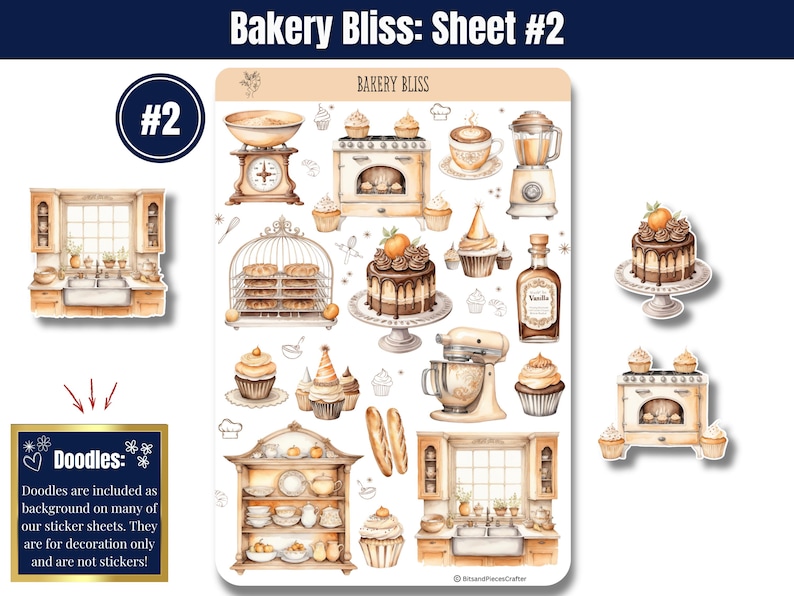 Step into the warm, buttery aroma of your favorite neighborhood bakery with “Bakery Bliss” — Sticker Sheets filled with pastries, kitchen tools, and all the sweet details that make baking so magical. Designed in soft tans, creamy whites, and gentle browns, this set brings the charm of a cozy bakery straight to your planner, journal, or craft project.