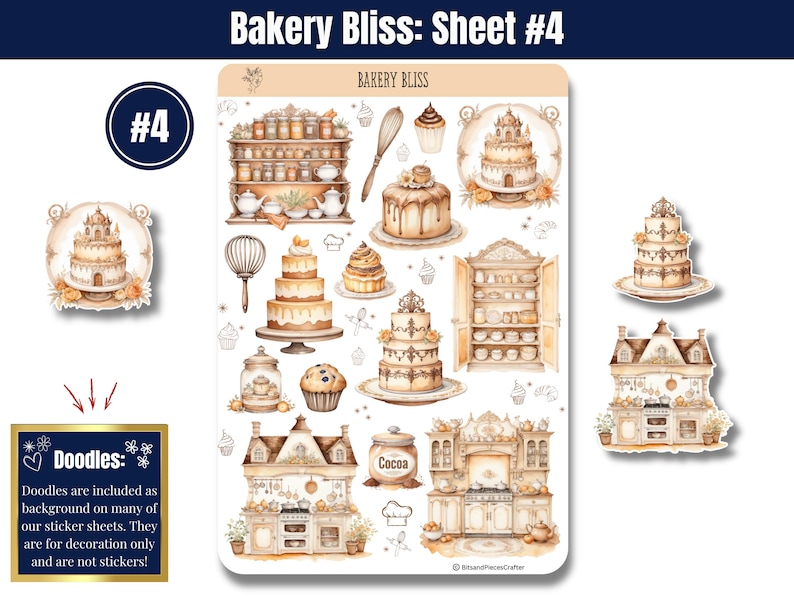 Step into the warm, buttery aroma of your favorite neighborhood bakery with “Bakery Bliss” — Sticker Sheets filled with pastries, kitchen tools, and all the sweet details that make baking so magical. Designed in soft tans, creamy whites, and gentle browns, this set brings the charm of a cozy bakery straight to your planner, journal, or craft project.