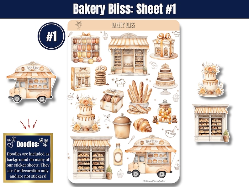 Step into the warm, buttery aroma of your favorite neighborhood bakery with “Bakery Bliss” — Sticker Sheets filled with pastries, kitchen tools, and all the sweet details that make baking so magical. Designed in soft tans, creamy whites, and gentle browns, this set brings the charm of a cozy bakery straight to your planner, journal, or craft project.