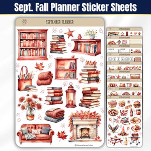May include: Watercolor planner sticker sheets with a fall theme. The stickers feature illustrations of bookshelves, books, blankets, a fireplace, and fall foliage. The text "Sept. Fall Planner Sticker Sheets" is at the top.