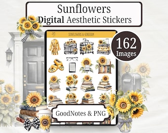 Sunflowers Black and White Gingham Aesthetic Digital Sticker Book, 162 Digital Stickers for GoodNotes, Notability & More, Digital Download