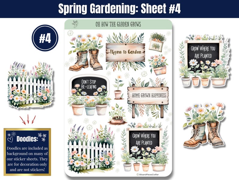 Bring your love of gardening to life with these gardening stickers in soft greens and neutrals! Featuring vegetable gardens, tools, flowers, sprouts, seed trays, trellises, wind chimes, a gnome, and more, plus an embellishment page. Perfect for planners, journals, and scrapbooking. Printed on high-quality matte or glossy vinyl for vibrant, long-lasting colors. A must-have for any garden lover! 🌿✨