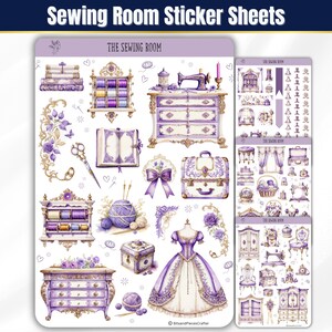 May include: Two sticker sheets with a sewing room theme. The stickers feature illustrations of sewing machines, dressers, spools of thread, and a ball of yarn. The color scheme is primarily purple and gold.