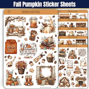 May include: Two sticker sheets featuring autumn-themed illustrations including pumpkins, ghosts with glasses, books, coffee mugs, orange hoodies, and autumn leaves. The text "PUMPKIN EVERYTHING" and "Pumpkin Spice Season" appears on the sheets in brown script.