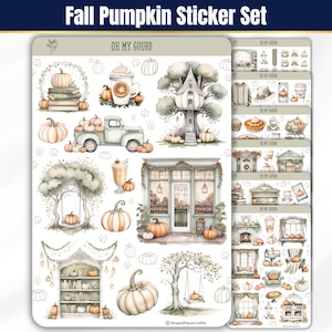Fall Pumpkin Sticker Sheets, Autumn Seasonal Sticker Set, Cottagecore Fall Planner Stickers, Watercolor Journal Stickers for Scrapbooks