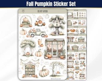 Fall Pumpkin Sticker Sheets, Autumn Seasonal Sticker Set, Cottagecore Fall Planner Stickers, Watercolor Journal Stickers for Scrapbooks