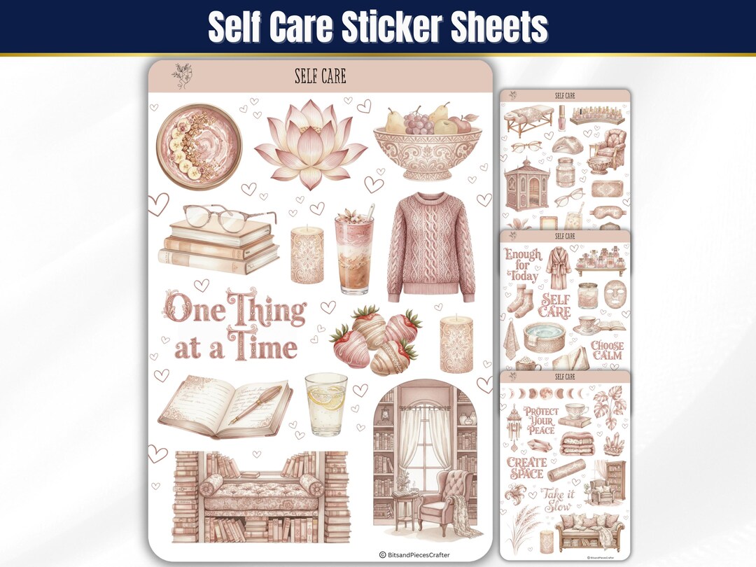 Self Care Sticker Sheets, Soft Pink Watercolor Journal Stickers, Bujo ...