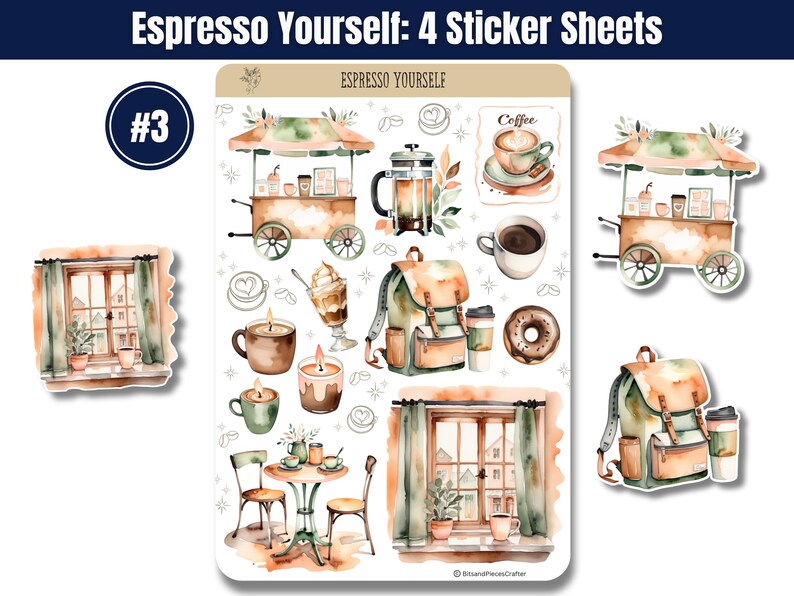 Indulge in the ultimate coffee experience with this beautifully designed Coffee Lover’s Sticker Pack! Whether you're a coffee enthusiast, planner addict, or journaling lover, this 4-sheet sticker set brings the warm and cozy vibes of your favorite café right to your creative space. Featuring coffee cups, café scenes, baked goods, and cozy coffee moments, these high-quality stickers are perfect for decorating planners, scrapbooks, bullet journals, and more!