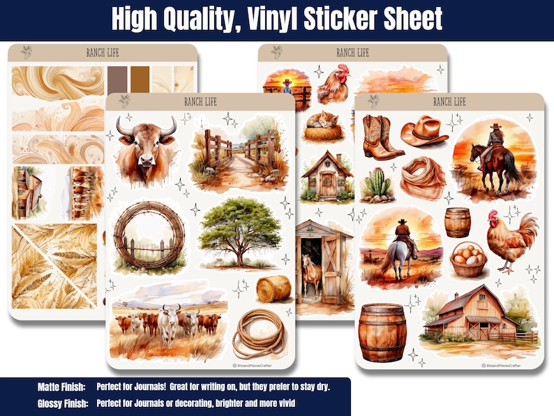🐂🏇 Capture the essence of ranch life with these sticker sheets! Featuring cattle, horses, barns, hay bales, chickens, and more in warm browns & creams. Perfect for planners, journals, & scrapbooking! 🌾🐔✨ #WesternStickers #RanchLife