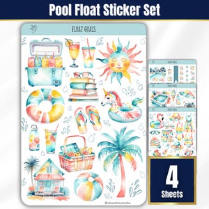 Feuilles d'autocollants d'agenda d'été, autocollants aquarelles pour flotteur de piscine pour agenda et journal, autocollants d'été BUJO pour piscine, agenda d'été saisonnier