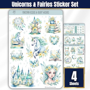 Enchanted Fairy Sticker Sheets, Seasonal Planner Stickers, Unicorn Aesthetic Stickers for Journals, BUJO, Magical Stickers, Watercolor decor