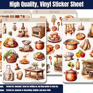 🍽️ Elevate your planner or journal with this cozy cooking sticker set! Featuring gourmet kitchens, delicious meals, wine, cheese, utensils, and embellishments in soft creams and tans. Perfect for food lovers, recipe books, and meal planning! 🍷✨