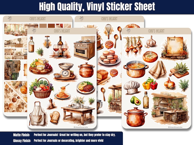 🍽️ Elevate your planner or journal with this cozy cooking sticker set! Featuring gourmet kitchens, delicious meals, wine, cheese, utensils, and embellishments in soft creams and tans. Perfect for food lovers, recipe books, and meal planning! 🍷✨