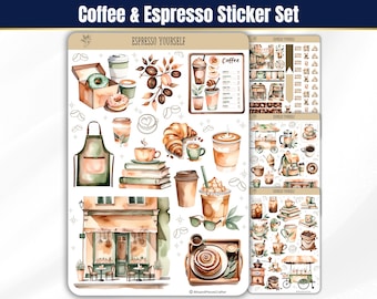 May include: A sticker sheet set titled Espresso Yourself featuring watercolor illustrations of coffee cups, espresso drinks, pastries, books, a green apron, and a cafe storefront. The designs include various coffee beans, iced beverages, and cafe-themed items.