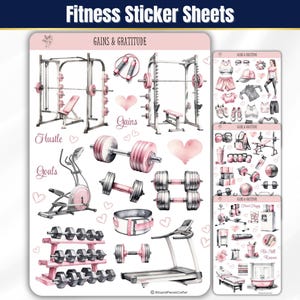 May include: Fitness sticker sheets with pink and gray watercolor illustrations of gym equipment, including a treadmill, weights, and a weight bench. The text "Gains & Gratitude", "Hustle", and "Goals" are also included.