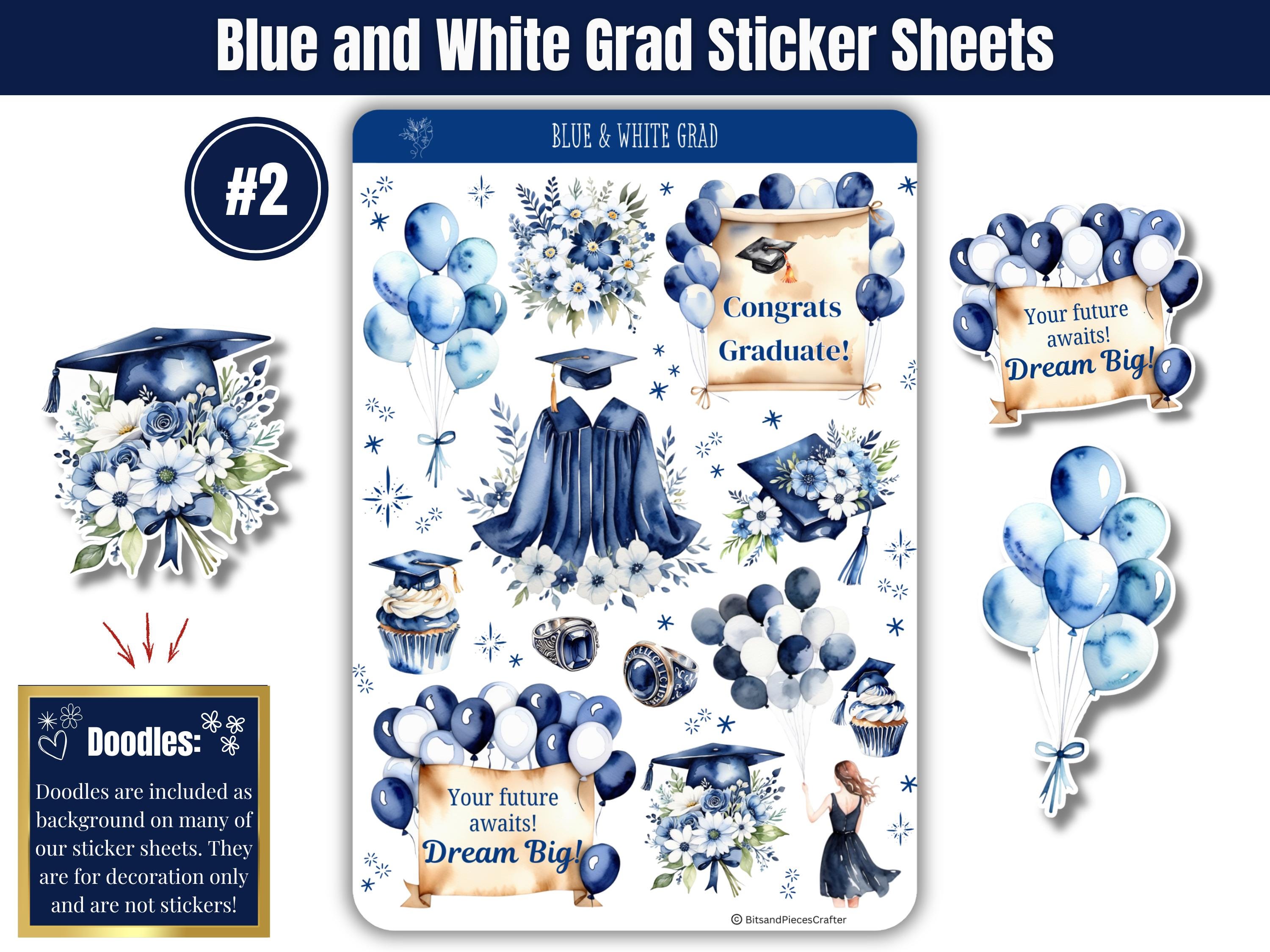 Blue and White Grad Sticker Sheets, Watercolor Graduation Stickers ...