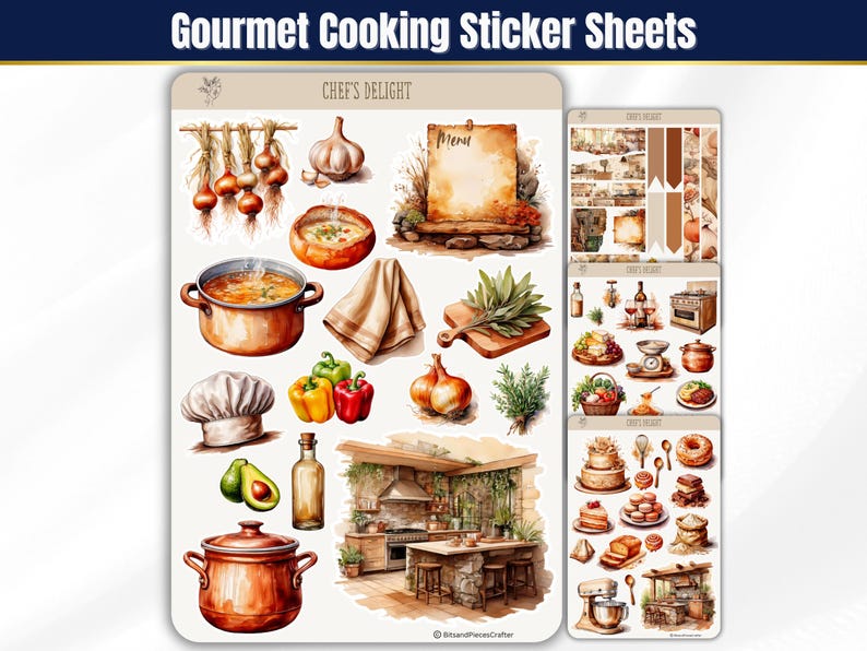 Cooking and Baking Planner Sticker Sheets, Watercolor Kitchen Journal Stickers, BuJo Scrapbook Stickers, Cottagecore Chef Aesthetic Stickers 画像 1