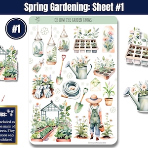 Bring your love of gardening to life with these gardening stickers in soft greens and neutrals! Featuring vegetable gardens, tools, flowers, sprouts, seed trays, trellises, wind chimes, a gnome, and more, plus an embellishment page. Perfect for planners, journals, and scrapbooking. Printed on high-quality matte or glossy vinyl for vibrant, long-lasting colors. A must-have for any garden lover! 🌿✨