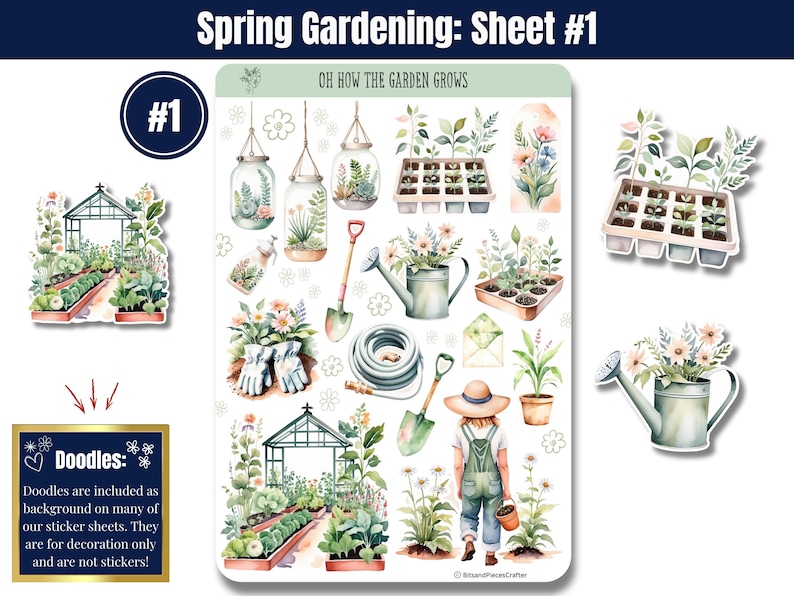 Bring your love of gardening to life with these gardening stickers in soft greens and neutrals! Featuring vegetable gardens, tools, flowers, sprouts, seed trays, trellises, wind chimes, a gnome, and more, plus an embellishment page. Perfect for planners, journals, and scrapbooking. Printed on high-quality matte or glossy vinyl for vibrant, long-lasting colors. A must-have for any garden lover! 🌿✨