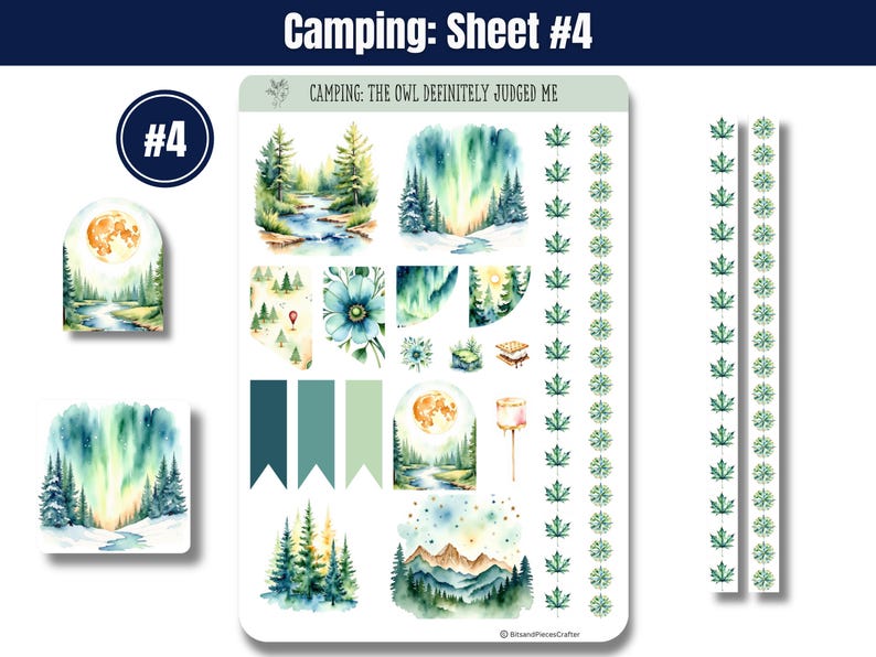 Cozy up to the wild with these whimsical sticker sheets in calming greens and blues. Featuring tents, forest animals, campfires, lanterns, backpacks, and more, these charming stickers bring all the magic of the outdoors to your planner or journal. Includes a page of printed washi-style strips for fun borders and accents—perfect for Hobonichi, Happy Planner & more.