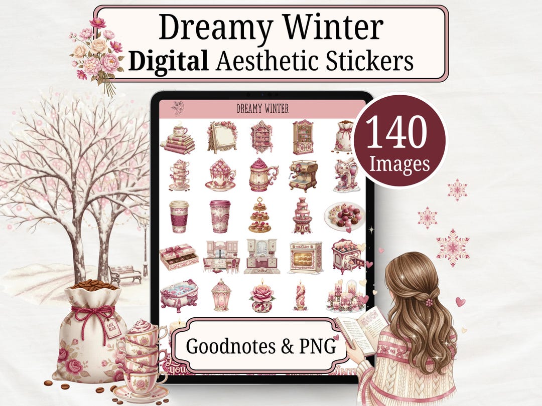 140 Pink Winter Aesthetic Digital Sticker Book, Digital Stickers for ...